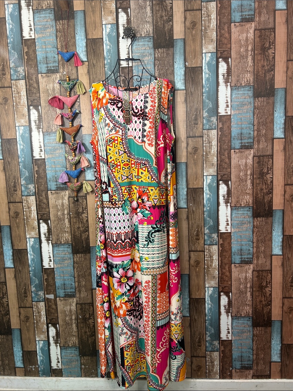 Ellen Weaver Sleeveless Patchwork Floral Maxi Dress in Pink & Multi